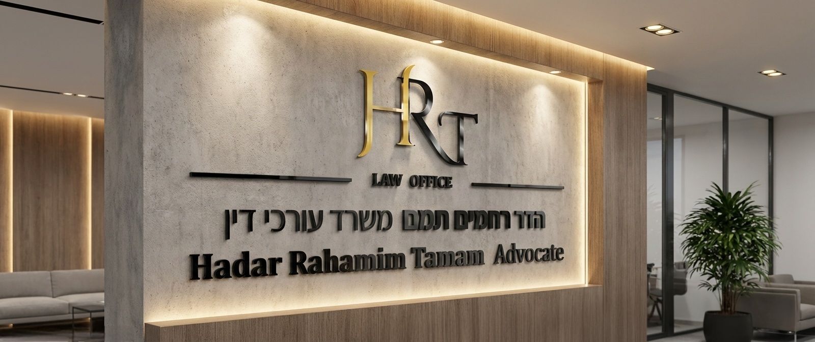 תמונות קיר משרד בעיצוב מודרני בחיפוי עץ עם נישת בטון בפנים שמאור בתיאורה חמה ועל הקיר בטון לוגו החברה